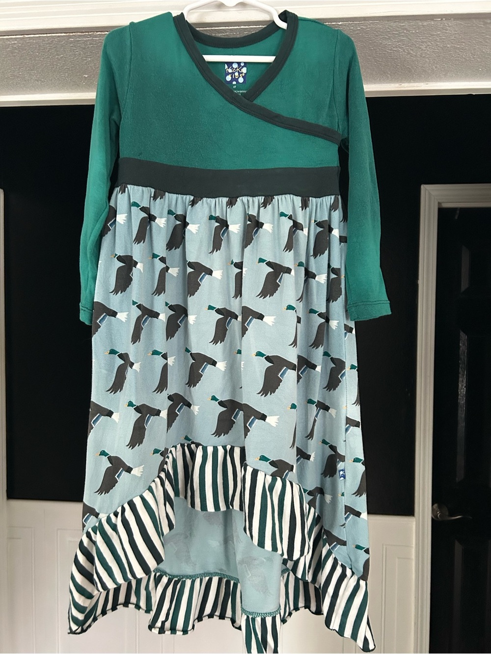 Kickee Pants Teal Top Light Blue Duck-Print Dress with Black Waistband